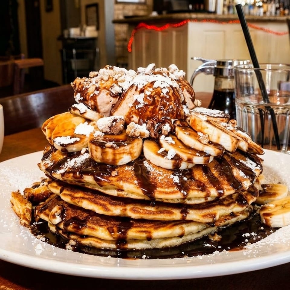 Stack of pancakes with bananas, chocolate syrup, ice cream, and powdered sugar, with coffee.