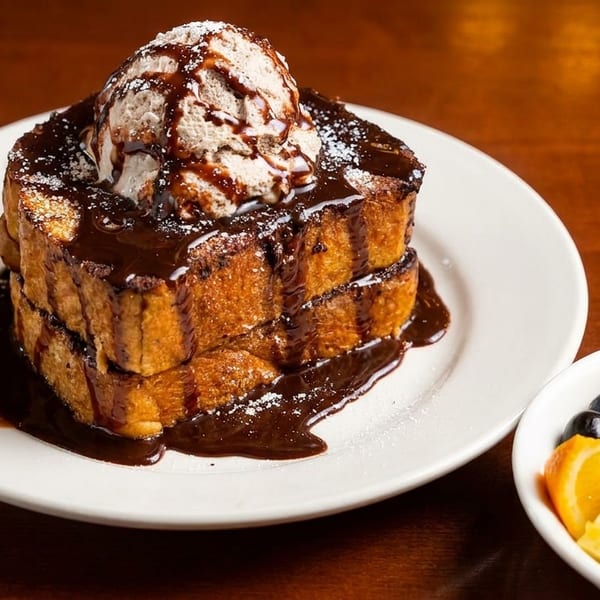 Stacked French toast with chocolate syrup, powdered sugar, ice cream, and a side of fruit salad.