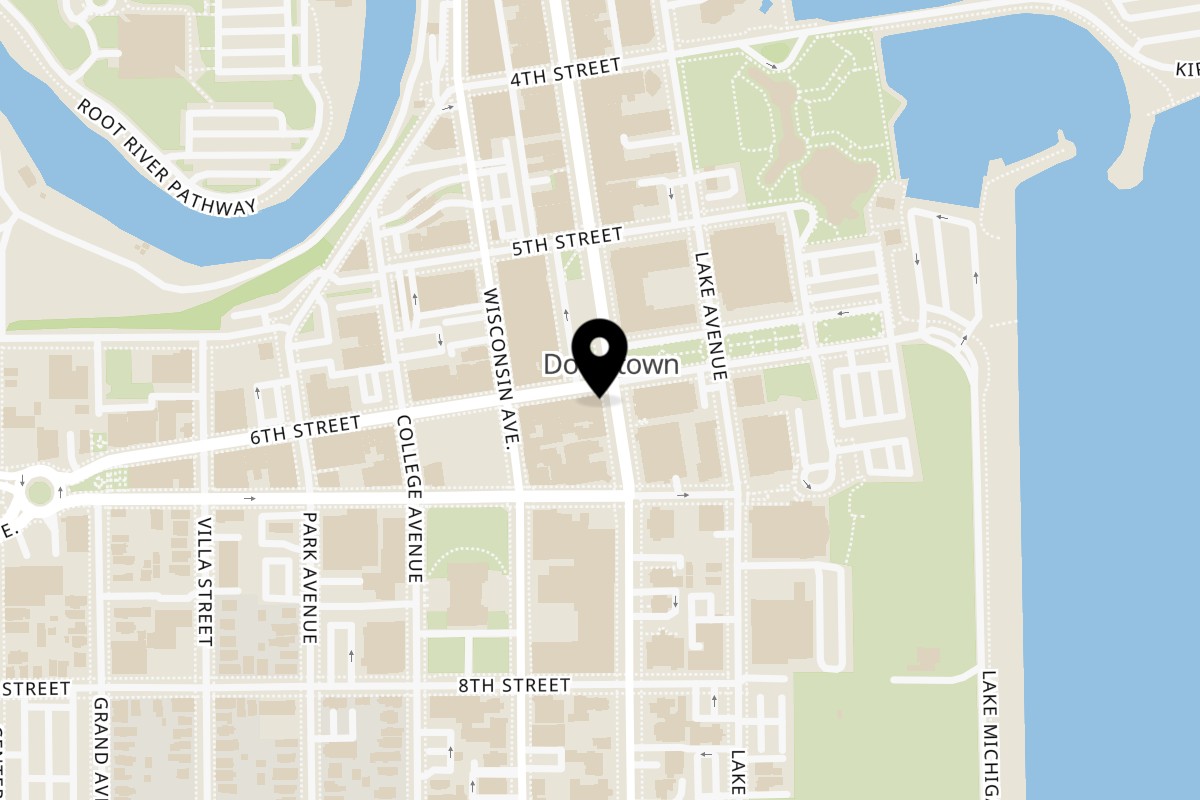 Map showing the location of The New Cafe & Cantina on 600 Main St in Racine
